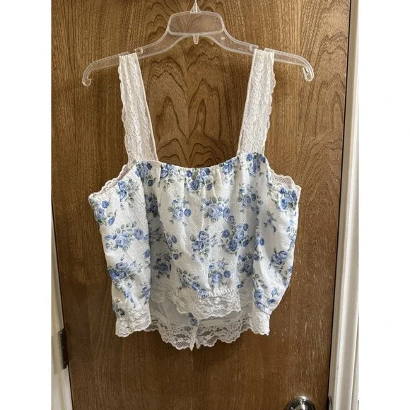 Baevely White Lace Strap Blue Floral Crop Top Cottage Core 2X Slim Fit Button - Picture 7 of 7